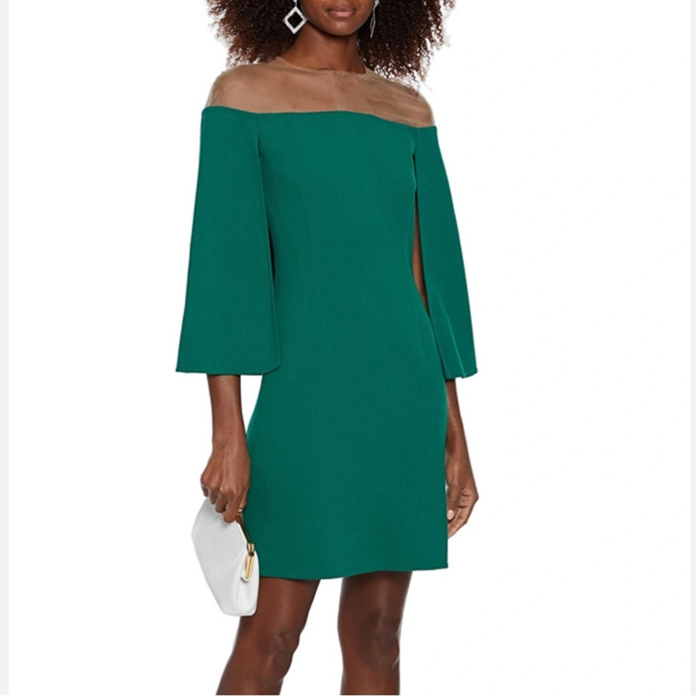 Oscar De La Renta Green Cape Effect Tulle Paneled Crepe Dress Size 0 Gala Formal